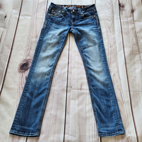 Rock Revival Buckle "Vivian" Low Rise Straight Leg Blue Jeans | Women's Size 28 - Picture 5 of 15